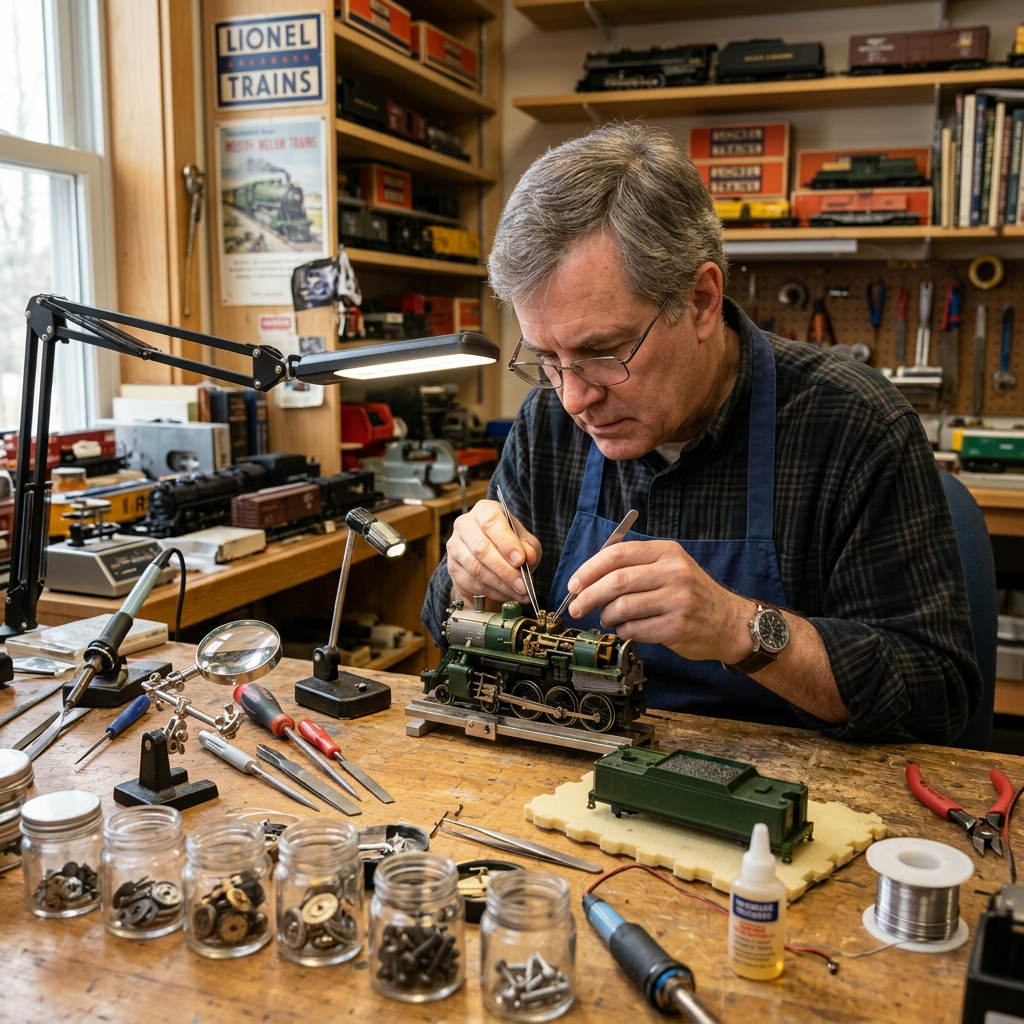 Small model train repair on workbench